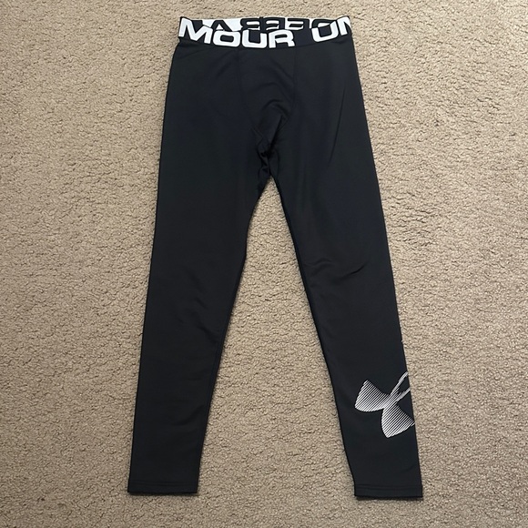 Under Armour Other - Under Armour ColdGear Kids Youth Fitted Leggings Black White Logo Size YXL